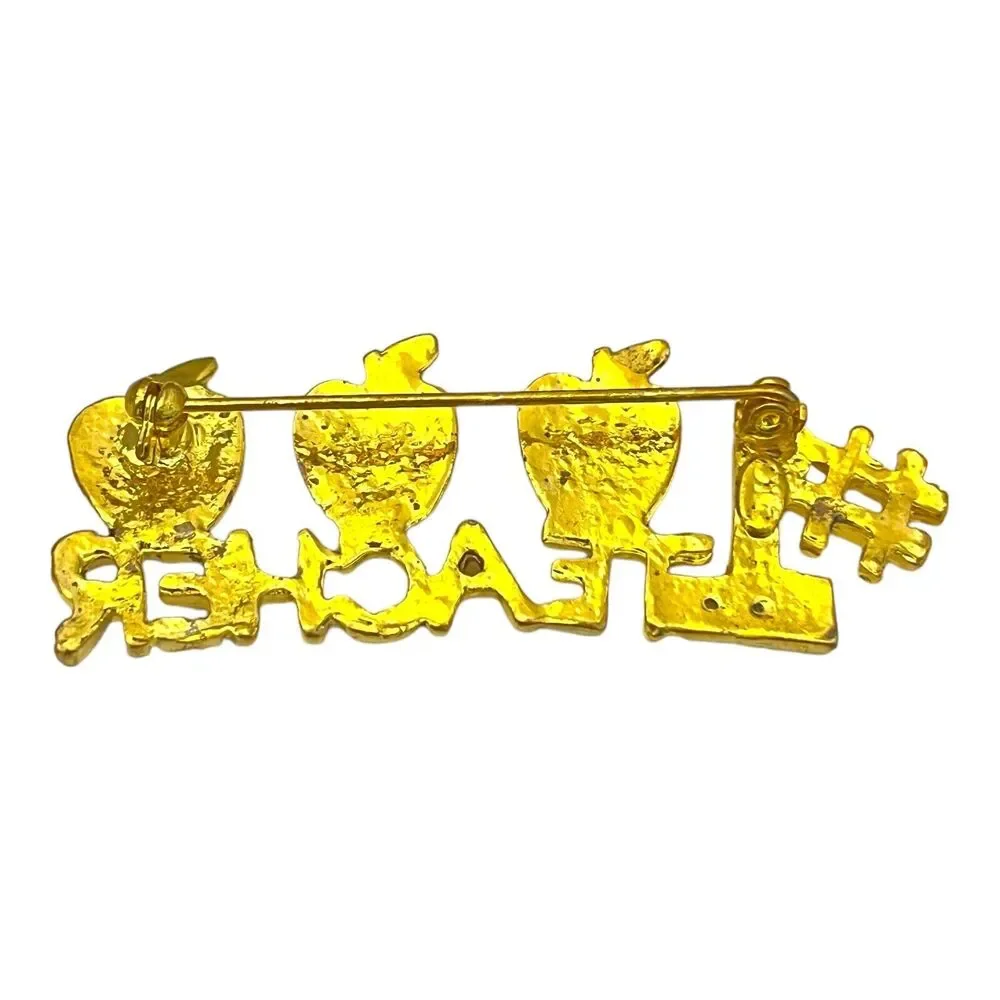Vintage 1980s #1 Teacher Brooch Glitter Enamel Apples Crystal Gold Tone Pin - 5T